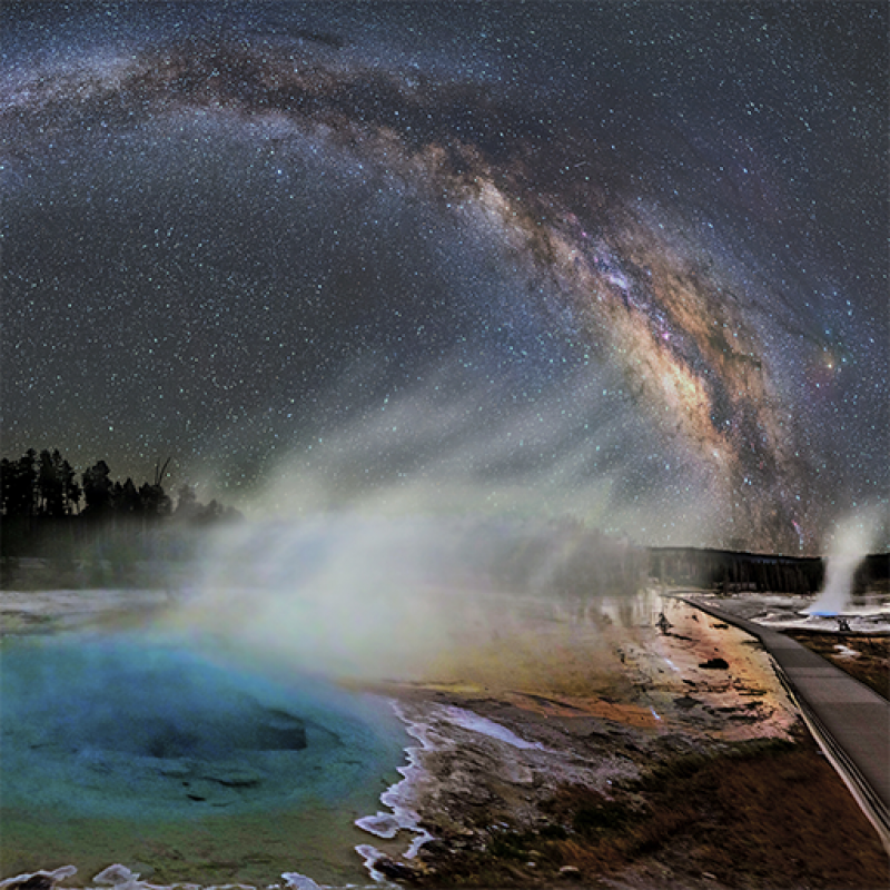 Yellowstone National Park with Hot Springs and the Milky Way