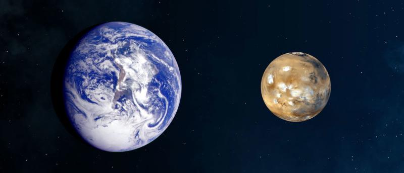 Comparison of Mars and the Earth in natural colors.