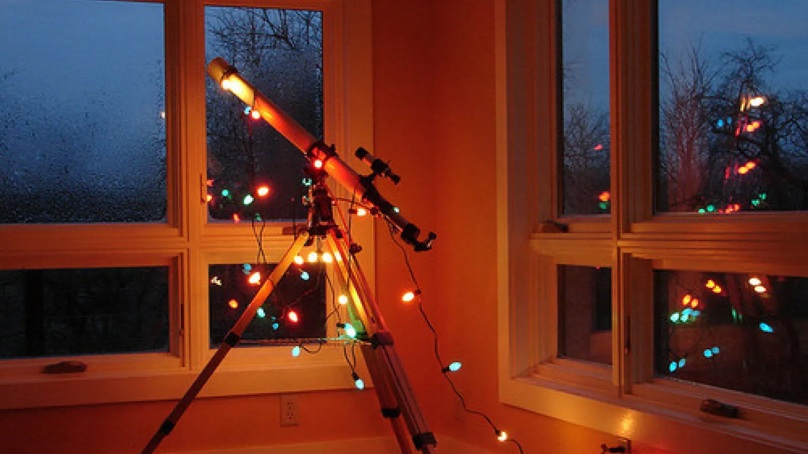 Telescope with Christmas lights