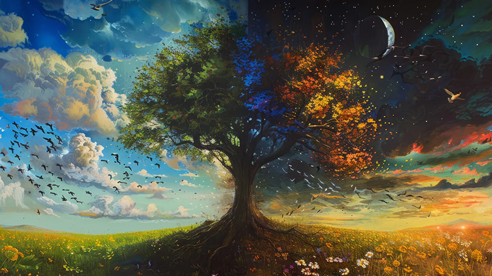 A tree with a night side and day side