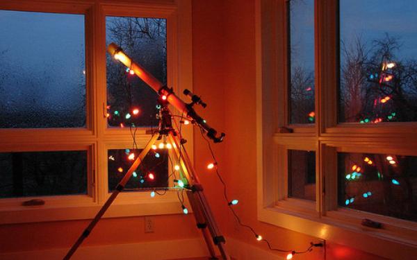 Telescope with Christmas lights