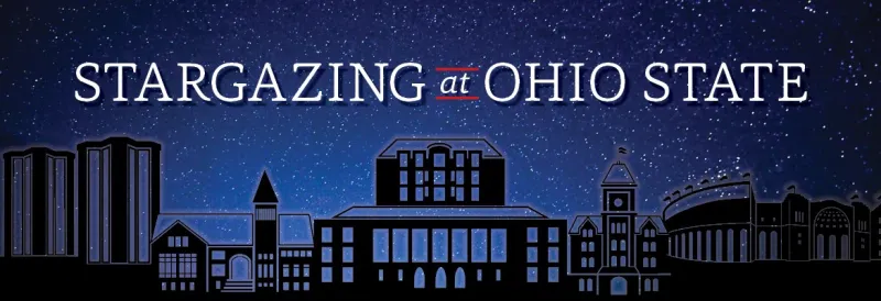 Stargazing at Graphic showing iconic buildings of campus with the stars above.