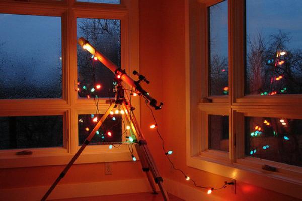 Telescope with Christmas lights