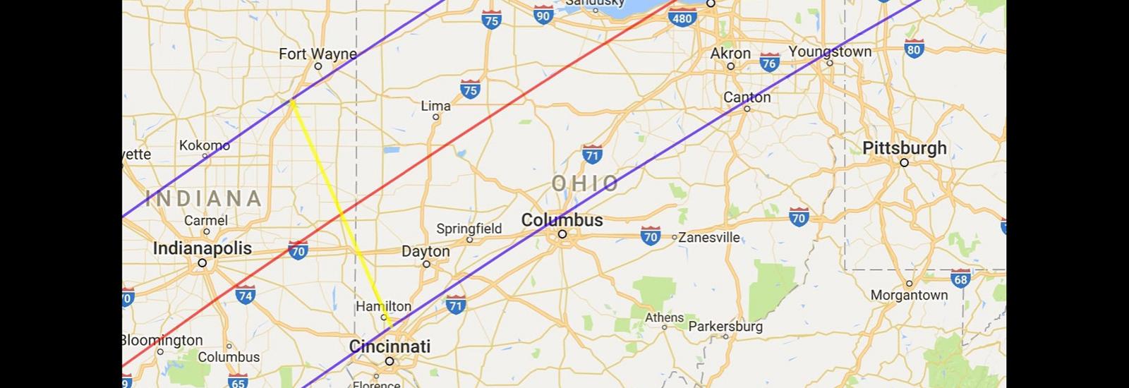 Map of the 2024 Total Solar Eclipse over Ohio