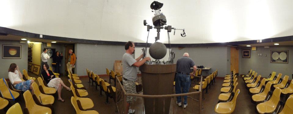 A panoramic view of the planetarium as the removal of the Spitz A3P starball projector begins.